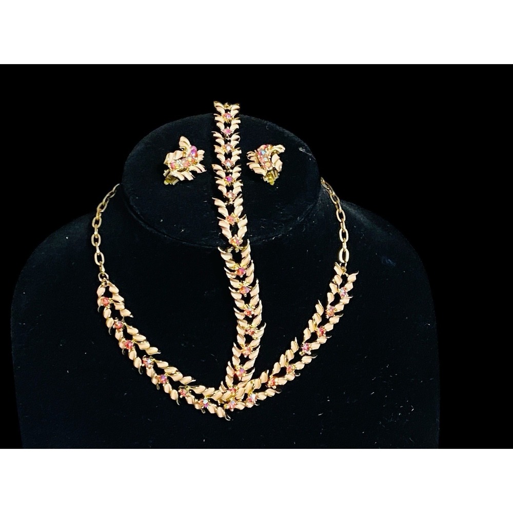Vintage Necklace Bracelet Clip Earrings Set Goldtone Pink Enamel AB Rhinestones